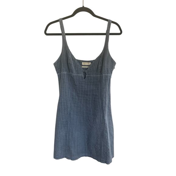 Urban Outfitters Mini Dress Medium Deep V Blue Stripe Keyhole Linen Blend #5132 - Picture 1 of 12